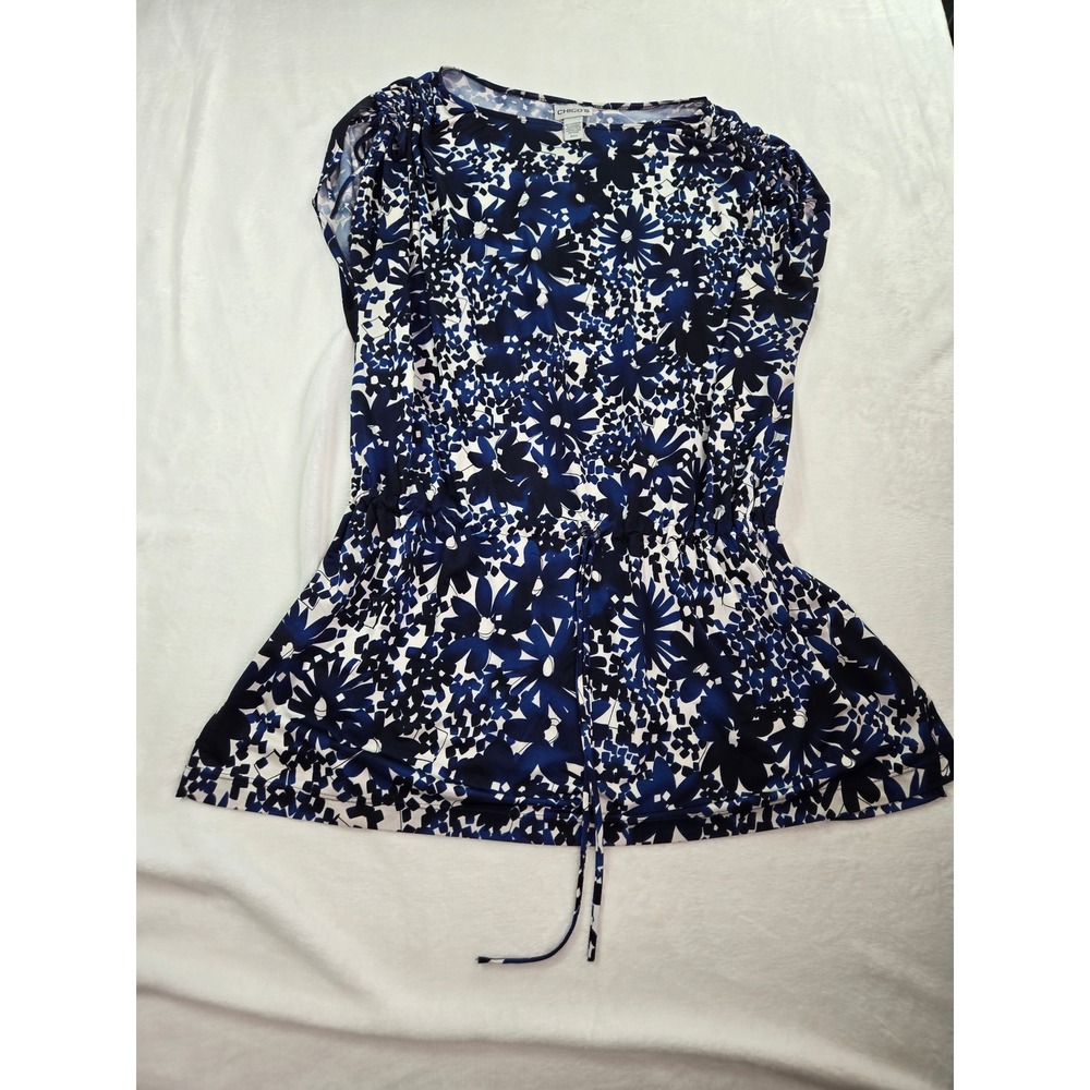 Chico's Blue White Floral‎ Drawstring Waist Ruched Shoulder Blouse Top Size 3 XL